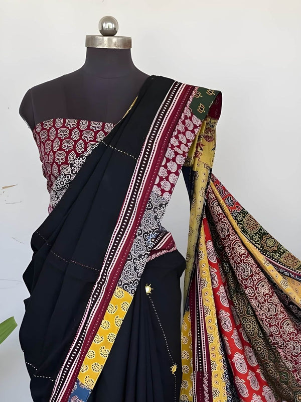 Indiehaat | Pure Mul Cotton Kantha Saree Black