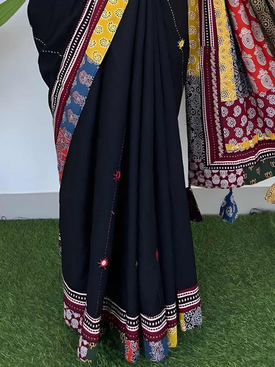 Indiehaat | Pure Mul Cotton Kantha Saree Black