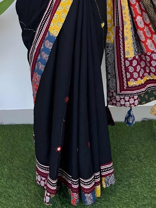 Indiehaat | Pure Mul Cotton Kantha Saree Black