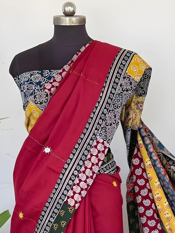 Indiehaat | Pure Mul Cotton Kantha Saree Red