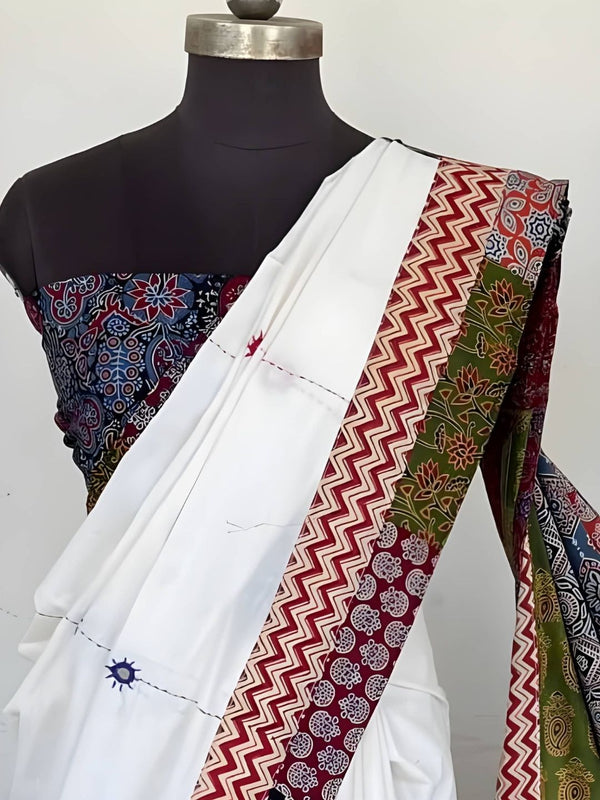 Indiehaat | Pure Mul Cotton Kantha Saree White
