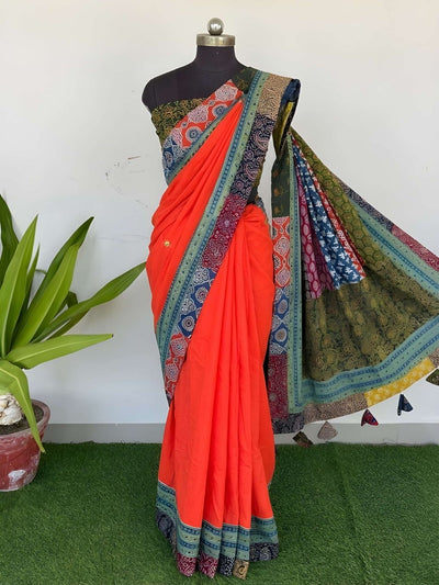Indiehaat | Pure Mul Cotton Kantha Saree Orange