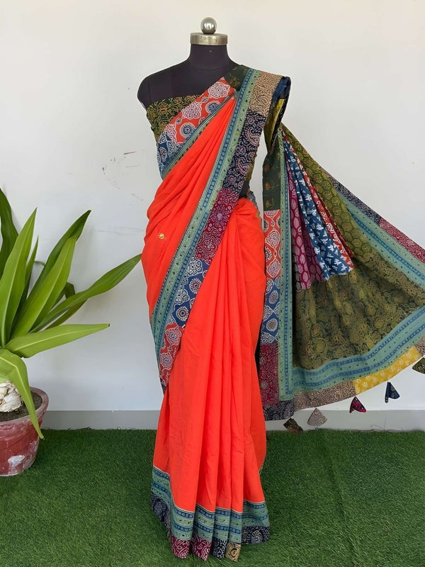 Indiehaat | Pure Mul Cotton Kantha Saree Orange