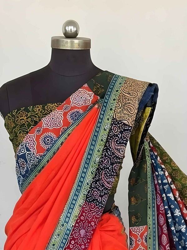 Indiehaat | Pure Mul Cotton Kantha Saree Orange