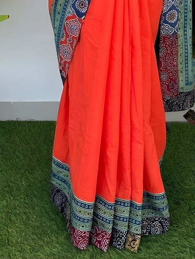 Indiehaat | Pure Mul Cotton Kantha Saree Orange