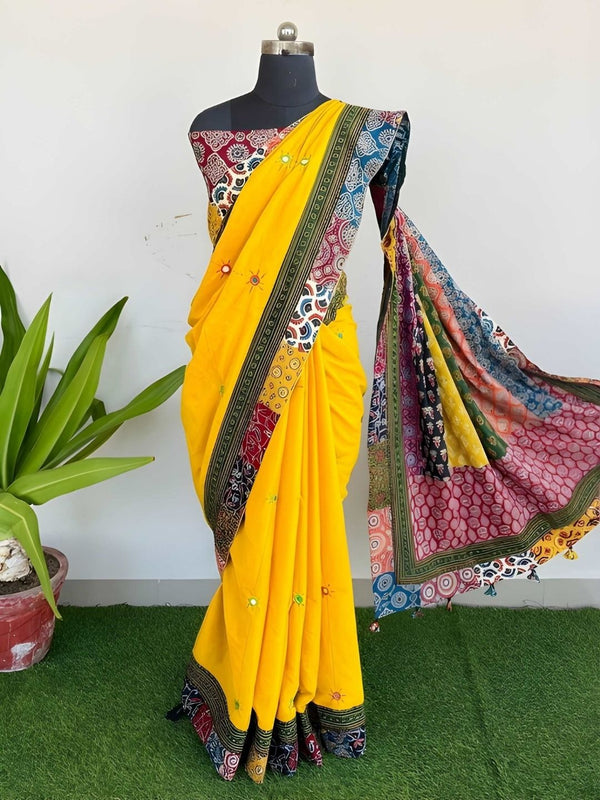 Indiehaat | Pure Mul Cotton Kantha Saree Yellow