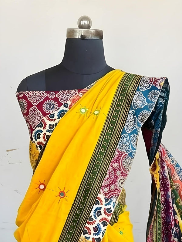 Indiehaat | Pure Mul Cotton Kantha Saree Yellow