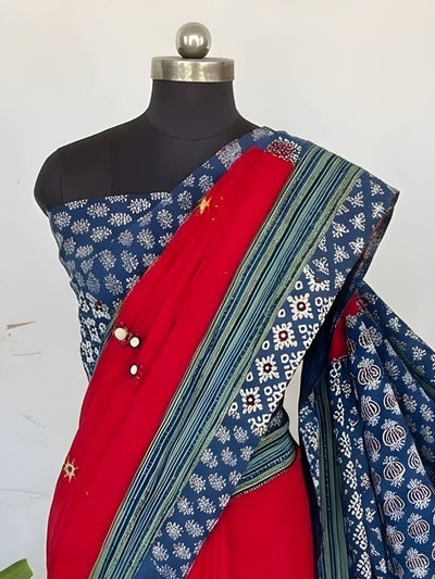 Indiehaat | Pure Mul Cotton Kantha Saree Red