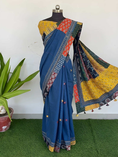 Indiehaat | Pure Mul Cotton Kantha Saree Blue