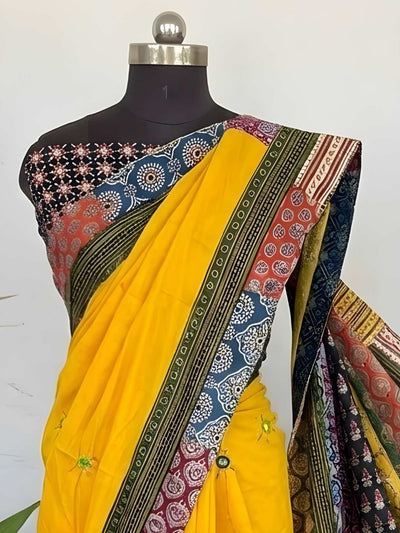 Indiehaat | Pure Mul Cotton Kantha Saree Yellow