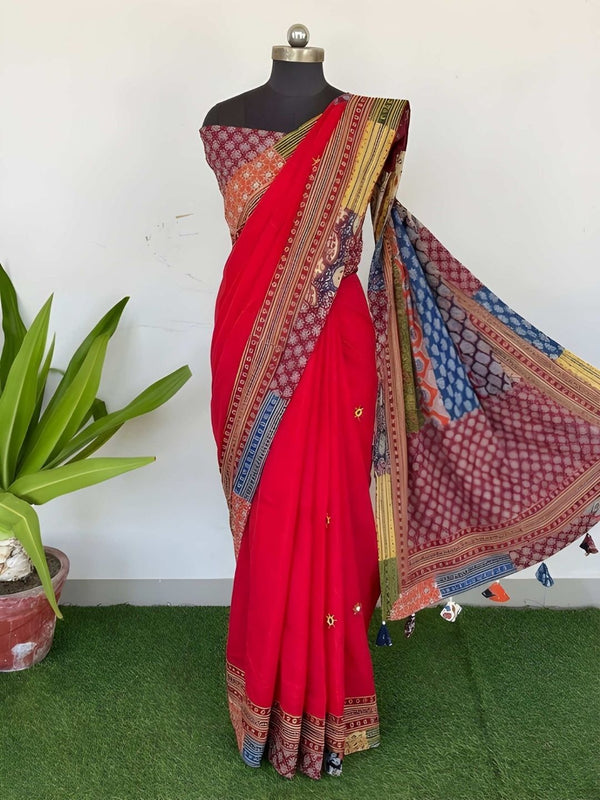 Indiehaat | Pure Mul Cotton Kantha Saree Red