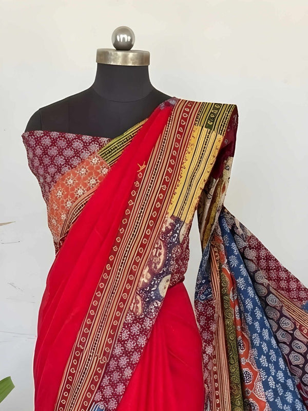 Indiehaat | Pure Mul Cotton Kantha Saree Red