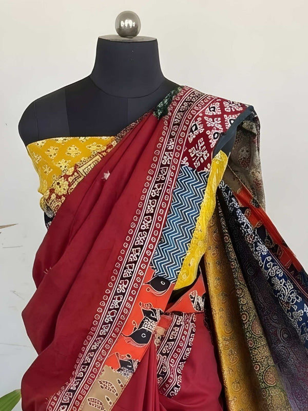 Indiehaat | Pure Mul Cotton Kantha Saree Red