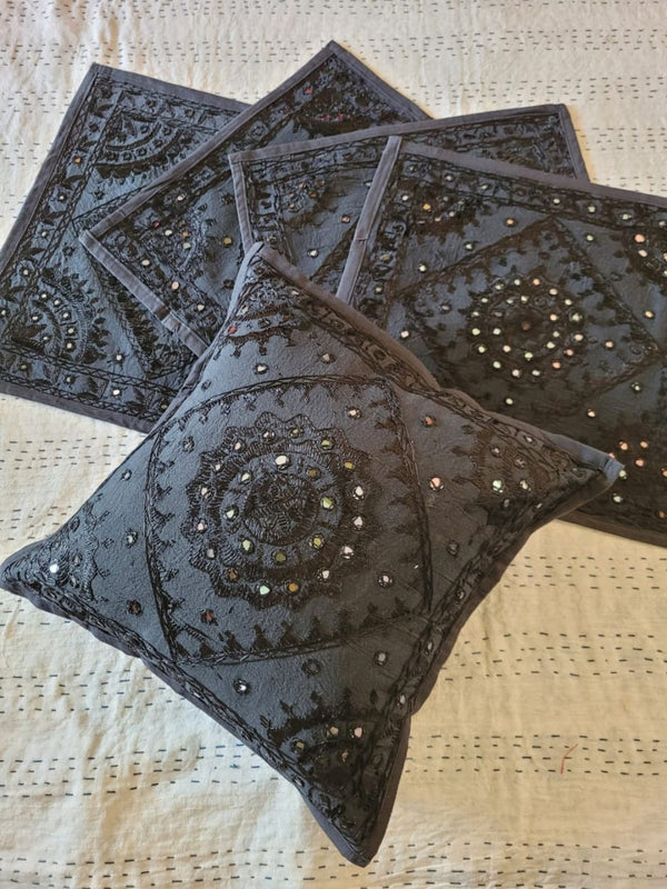Indiehaat | Pure Cotton Embroidered Cushion Cover Black