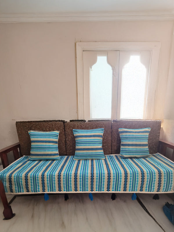 Indiehaat | Cotton Sofa Throw & Cushion Cover Blue