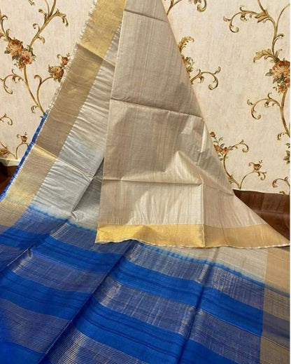 4962-Handloom Kota Silk Saree Beige Color with Blue Pallu and Blue Blouse