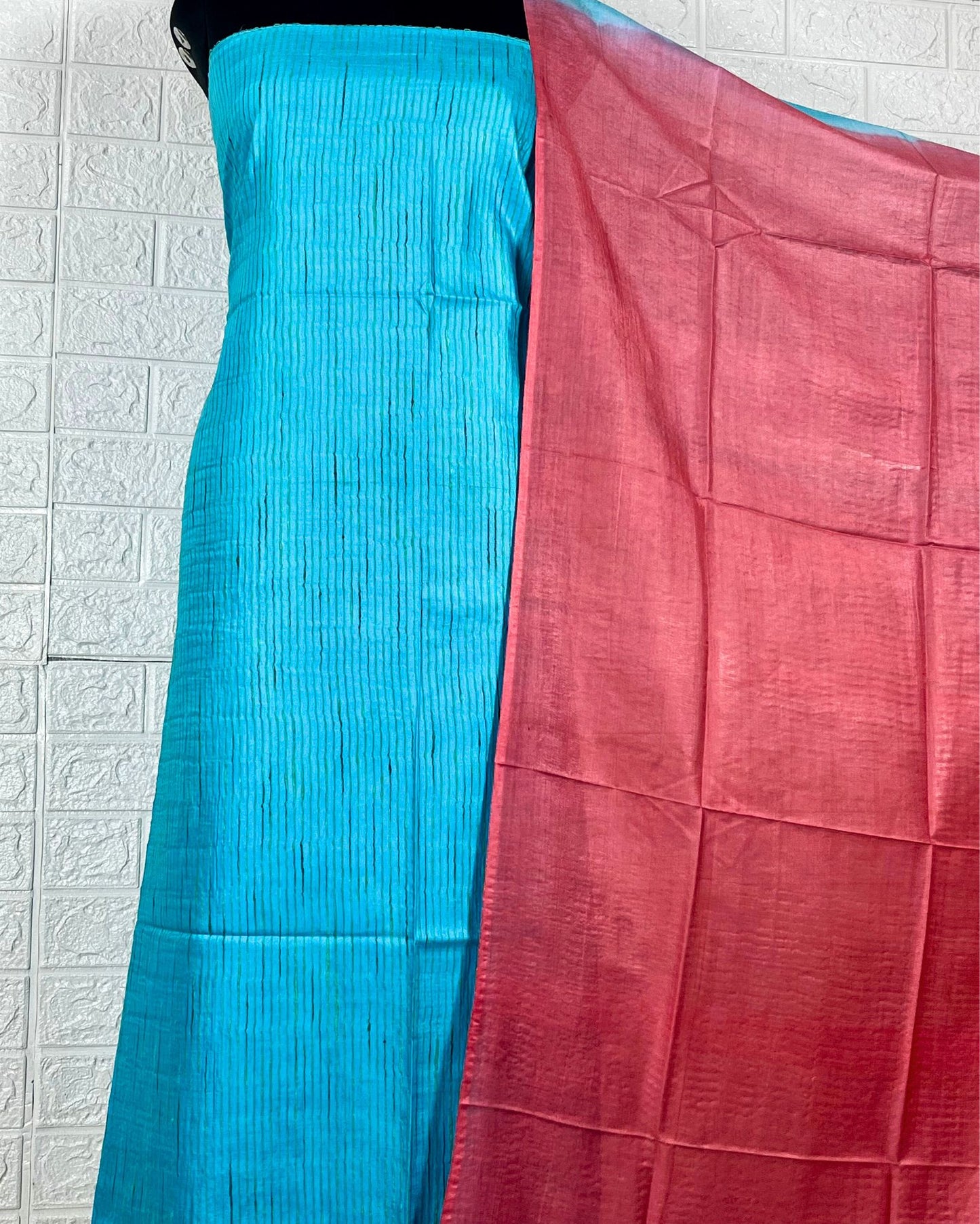 Handdyed Katan Silk Blue & Pink Contrast Suit