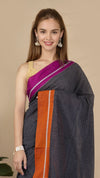 Handloom Mark Patteda Anchu Sleek Cotton Saree Onyx Gray