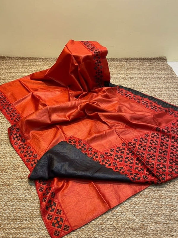Indiehaat | Silkmark Tussar Silk Embroidery Saree Red