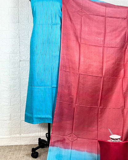 6844-Katan Iris Blue and Pink Silk Suit Piece with Bottom and Dupatta