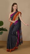 Handloom Mark Patteda Anchu Sleek Cotton Saree Onyx Gray