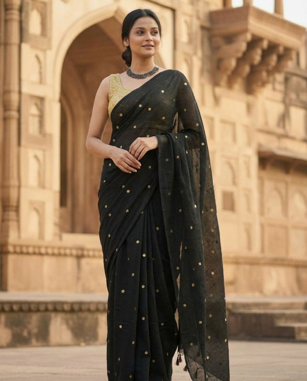 Indiehaat | Pure Mul Cotton Sequin Saree Black
