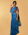 Silk Linen Plain Saree Sky Blue Color with contrast border and attached Running Blouse-Indiehaat
