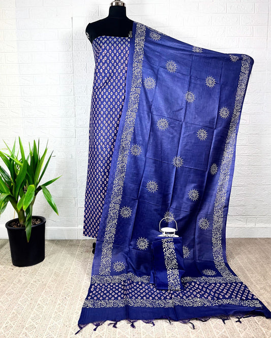Katan Silk Alluring Blockprint Blue Suit