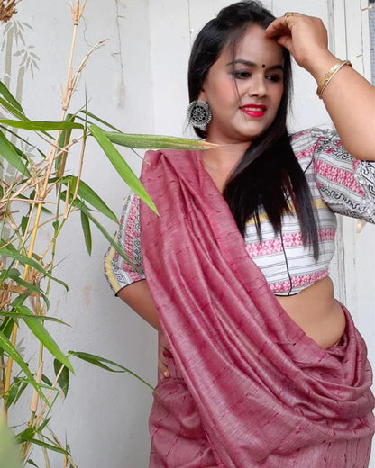 Bansbara Tussar Silk Kantha Handloom Saree Ruby Pink