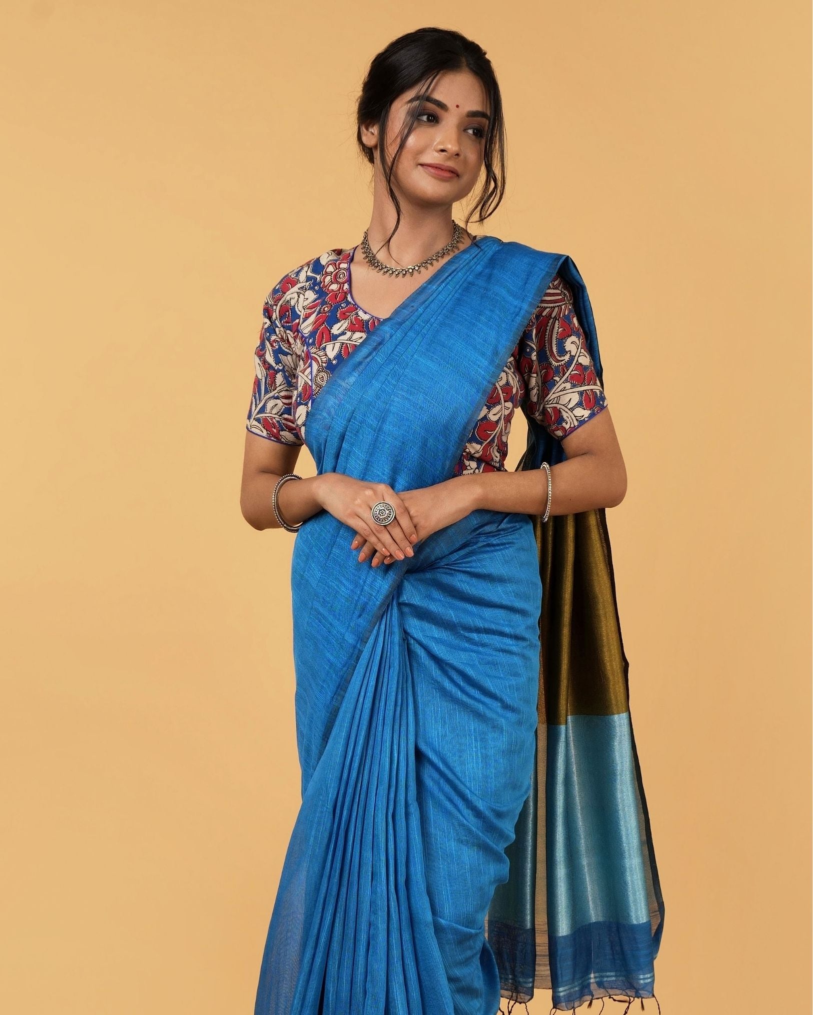 Silk Linen Plain Saree Blue Colour with contrast border and