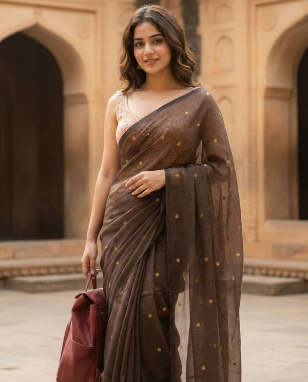 Indiehaat | Pure Mul Cotton Sequin Saree Brown