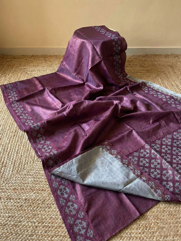 Indiehaat | Silkmark Tussar Silk Embroidery Saree Wine