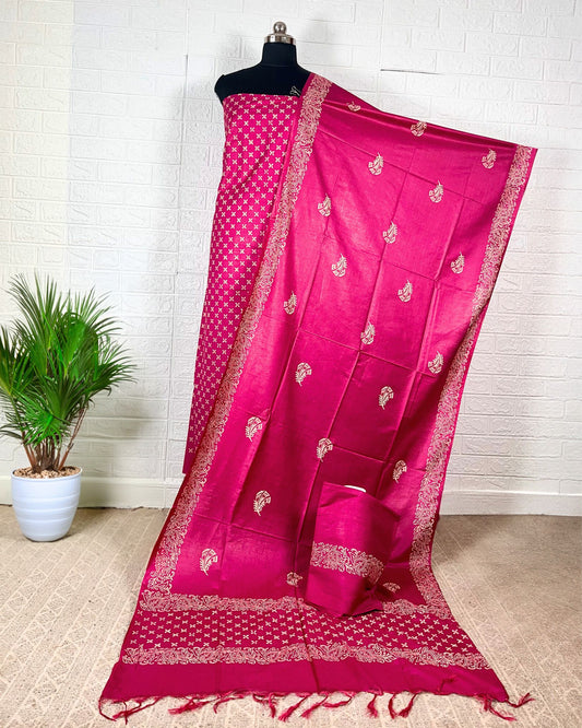 Katan Silk Effulgent Blockprint Pink Suit