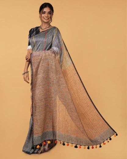 7032-Pure Linen Weaving Design Kantha Work Grey Color Saree with Kantha Blouse
