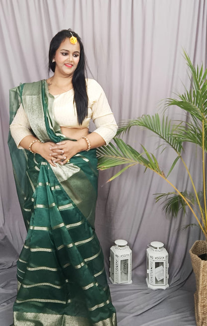 Glossy Banarasi Pure Organza Silk Green Saree