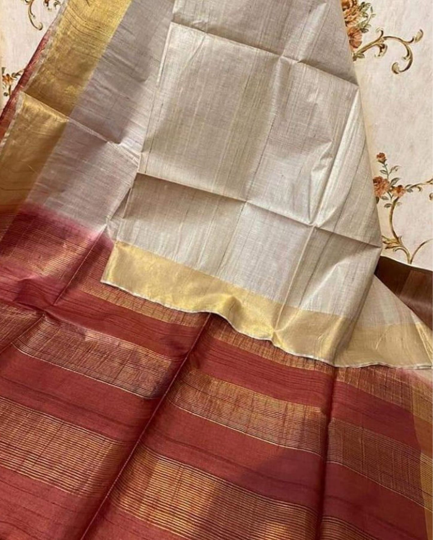 Handloom Kota Silk Modern Beige & Maroon Saree