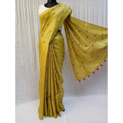 2080-Silkmark Certified Pure Tussar Silk Embroidered Handloom Yellow Saree with Blouse (Tussar by Tussar)
