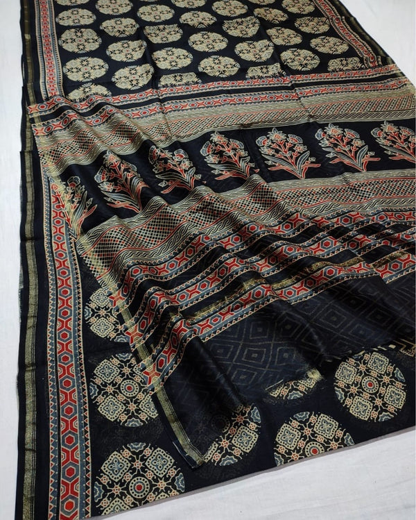 Indiehaat | Chanderi Silk Ajrakh Print Saree Black