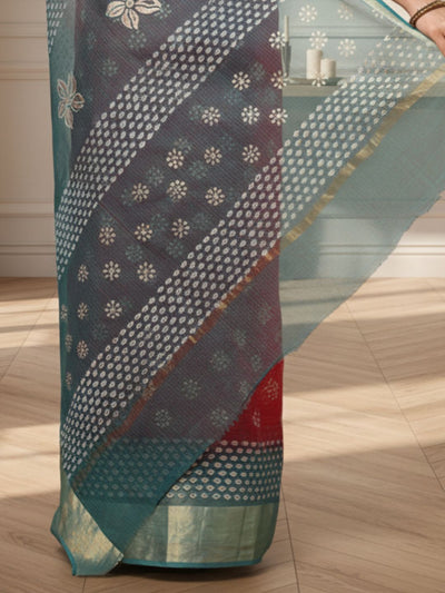 Craft Couture Kota Doria Blockprint Red & Sea Green Saree