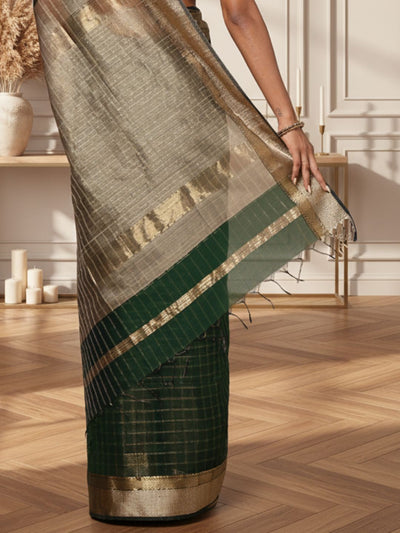Stunning Pure Maheshwari Silk Allover Checks Rich Green Saree