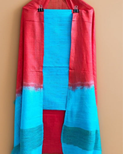 3427-Katan Silk Red & Bermuda Blue Suit Piece with Bottom and Dupatta