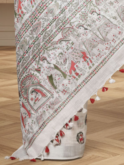 Azureish Slub Linen Saree White Handblock Print