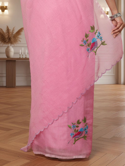 Bold Kota Doria Cotton Bird Embroidery Pink Saree Handdyed