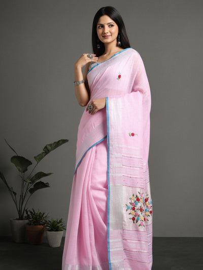 Illuminating Pure Linen Floral Embroidered Biege Saree