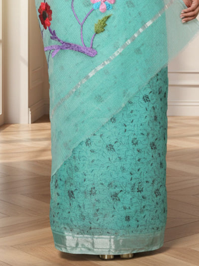 Kota Doria Paithani Embroidery Designer Saree Pale Green