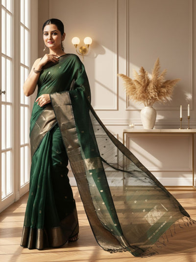 Modern Maheshwari Pure Silk Butta Body Green Saree