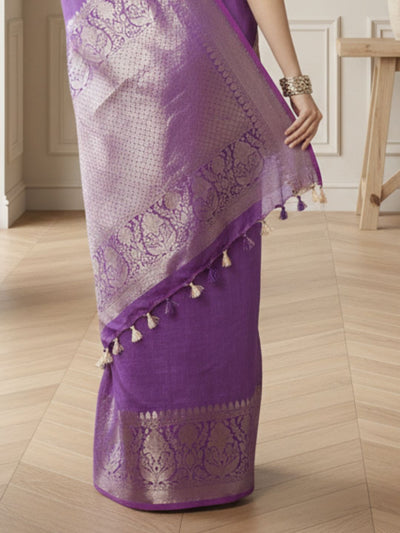 Stunning Banarasi Silk Linen Purple Handloom Saree