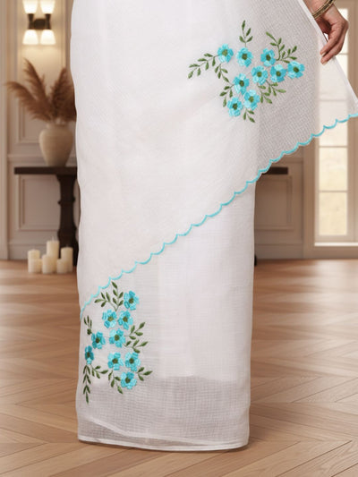 Classic Kota Doria White Pure Cotton Floral Embroidery Saree