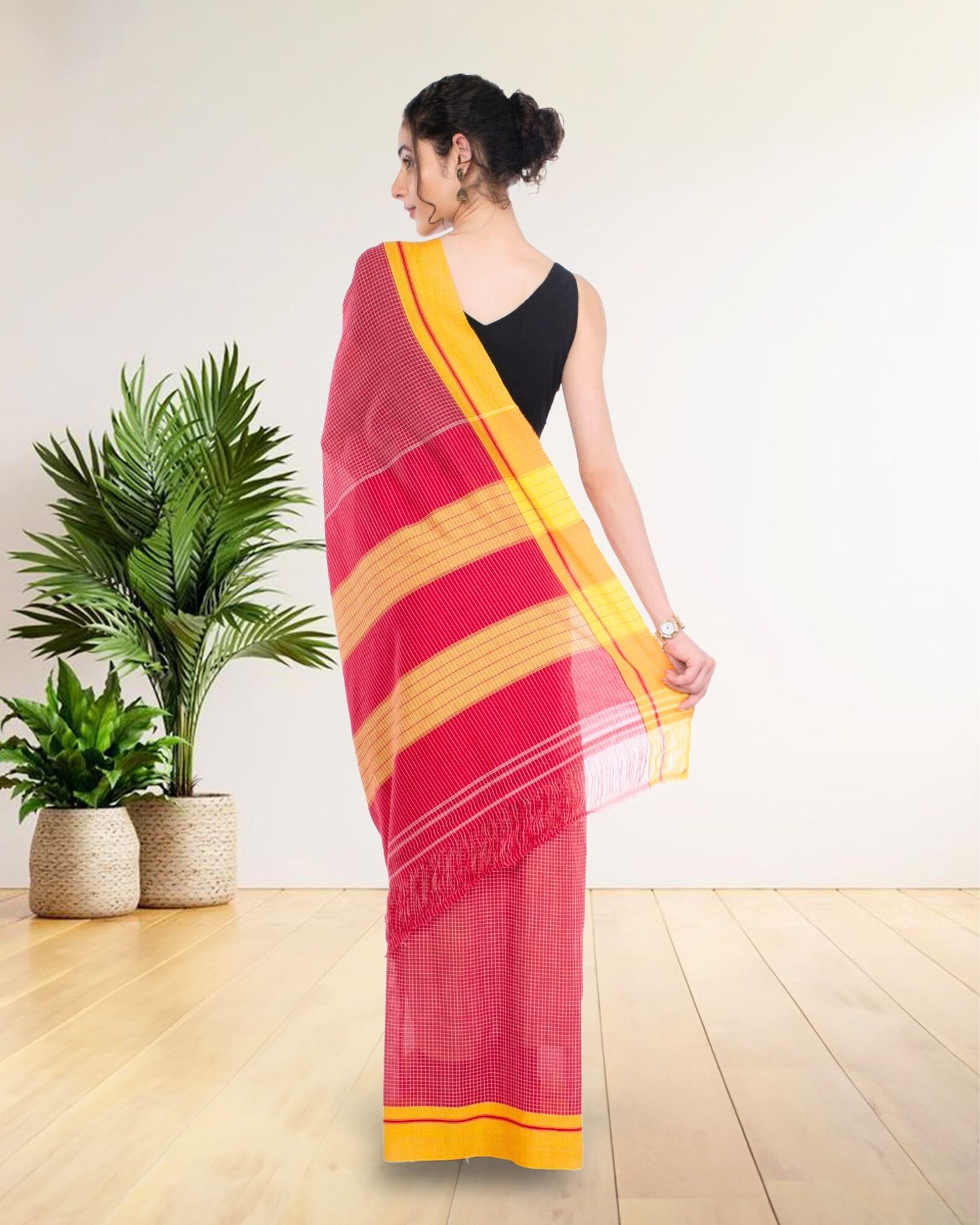 8245-Patteda Anchu Handloom Mark Certified Pure Cotton Red Saree with Running Blouse