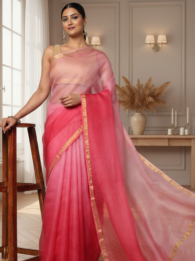 Deep Blush Pink Pure Silk Kota Doria Handdyed Saree